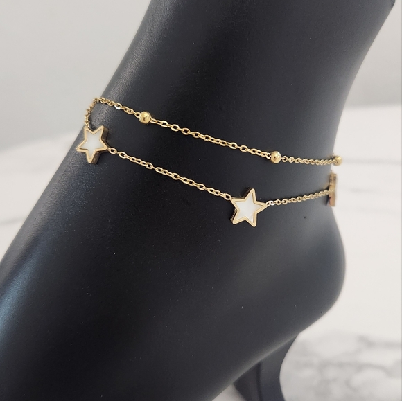 Jewelry - Gold Plated Double Layer Star Anklet Stainless Steel Dainty Bead Chain